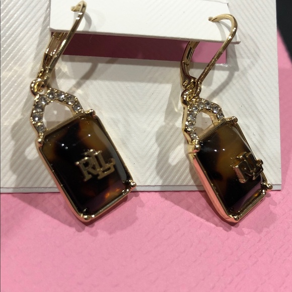 Lauren Ralph Lauren pave tortoiseshell RLL logo drop dangle earrings brand new - Picture 3 of 7